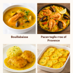 A collage of French dishes with saffron including Bouillabaisse, Paella-style rice, Saffron Chicken, and Saffron Potatoes – Caspian Saffron blog